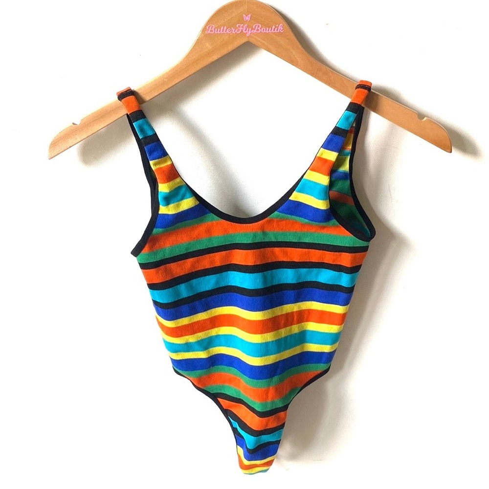 Fashion Nova Striped Multicolored boho Tank Thong bodysuit, Size S/M